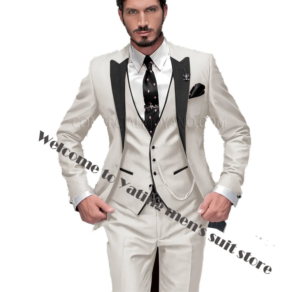 2024 New Men's Suit Wedding Tuxedo Groom Jacket Pants Vest Three-piece Set Elegant Men Blazer Wine Red Formal Outfit