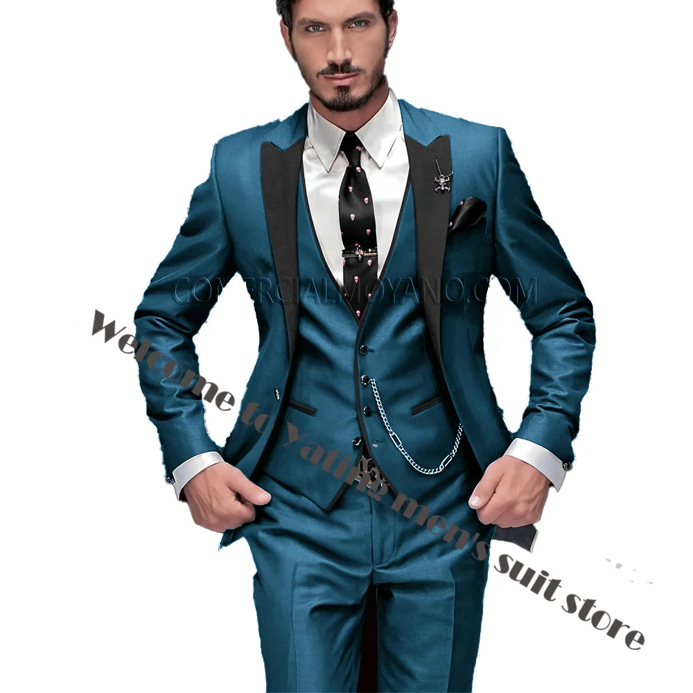 2024 New Men's Suit Wedding Tuxedo Groom Jacket Pants Vest Three-piece Set Elegant Men Blazer Wine Red Formal Outfit