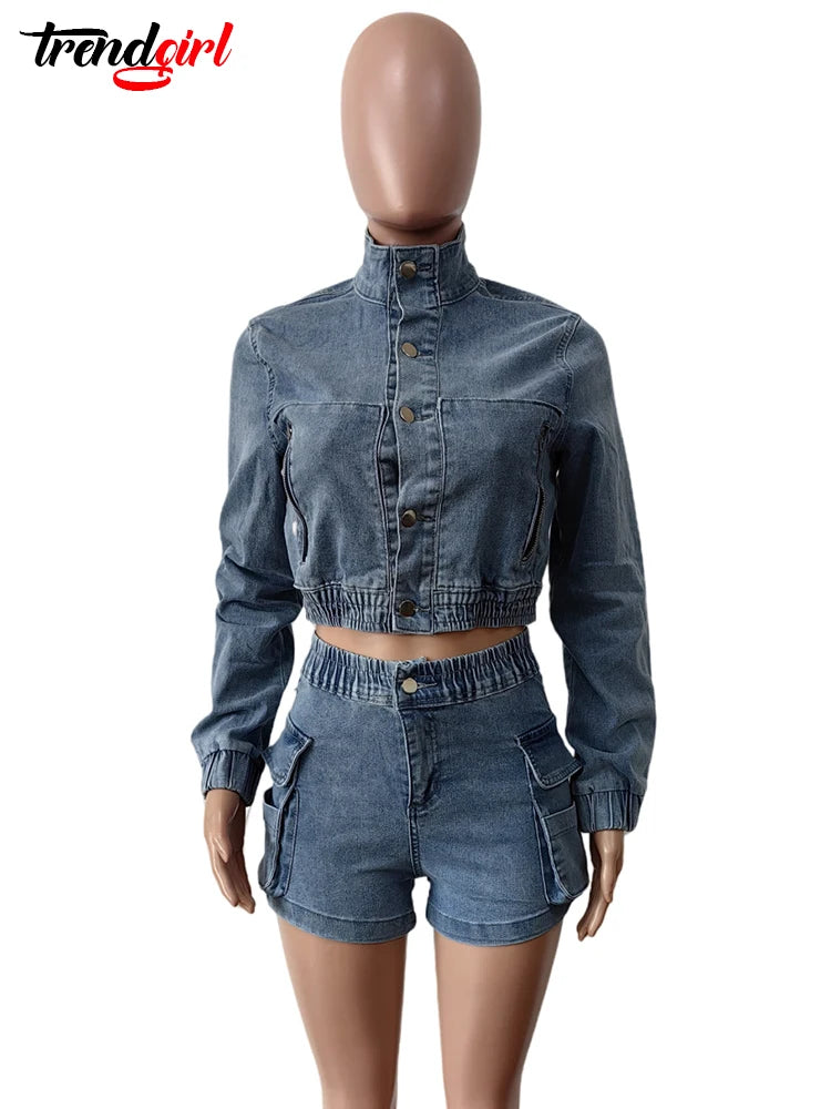 Cherubgirl Stretch Denim Long Sleeve Two 2 Pieces Set Women‘s Streetwear Jacket Crop Tops and Shorts Jean Matching Suit Urban wear.