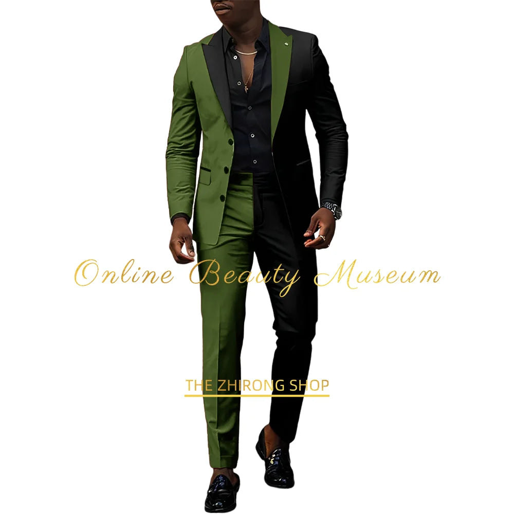 Fashion men's suit 2-piece set (jacket+pants) red-black peak lapel blazer wedding cocktail birthday party custom homme tuxedo