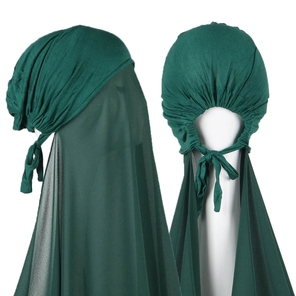 Muslim Instant Hijab Women Bonnet with Chiffon Shawl Head Scarf Cap Inner Headband Stretch Hijab Cover Headwrap Turbante
