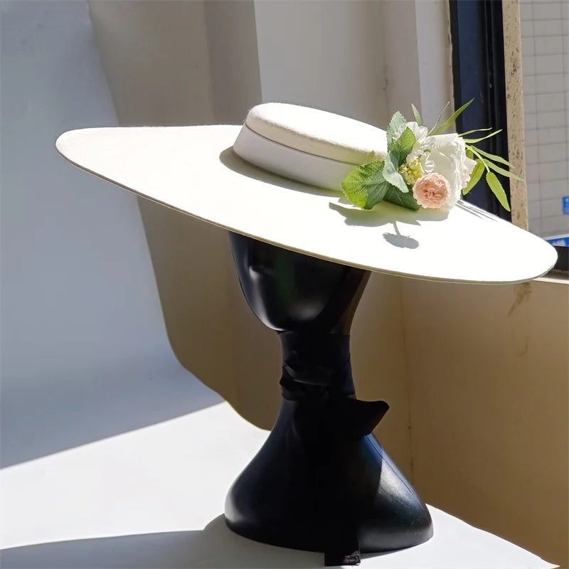 Cherub Sunday Best Easter Sunday satisfaction/Bridal Hat White Simulation Flower Wool Hat Removable Flat Top Female Spring/Winter Strap Included