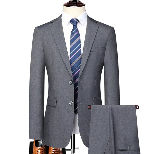Suit (Blazer+Pants) Men's Fashion Business Outdoor Gentleman Trend Solid Color Casual Slim-fit Wedding Host Gentleman Suit S-6XL