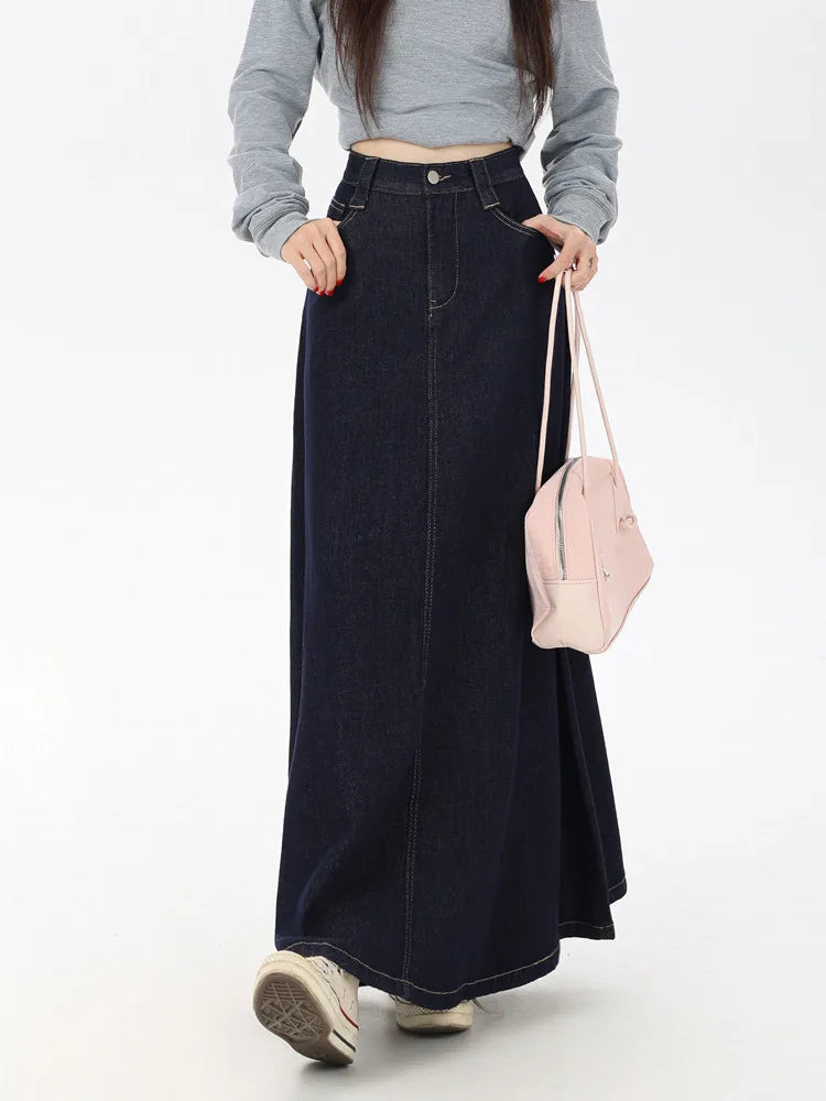 Women's Vintage A-Line Denim Long Skirts, Casual High Waist Jean Skirt, Blue, All-Match, Korean Fashion, 2021