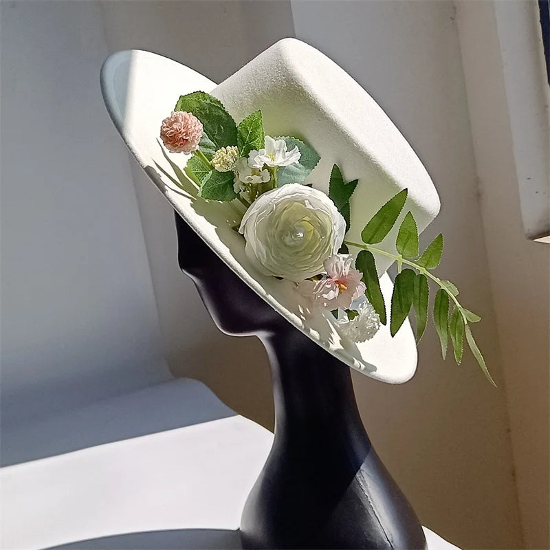 Cherub Sunday Best Easter Sunday satisfaction/Bridal Hat White Simulation Flower Wool Hat Removable Flat Top Female Spring/Winter Strap Included