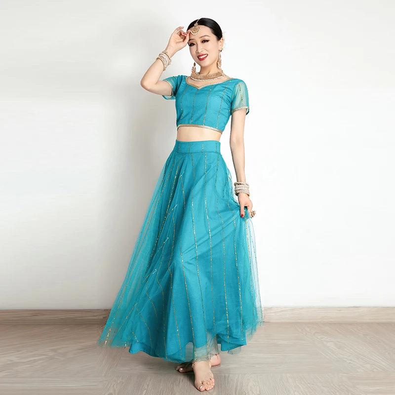 Exotic Indian Dance Costume Ethnic Style Women's Bollywood Belly Dance Dress Sari Top Large Swing Skirt  Set