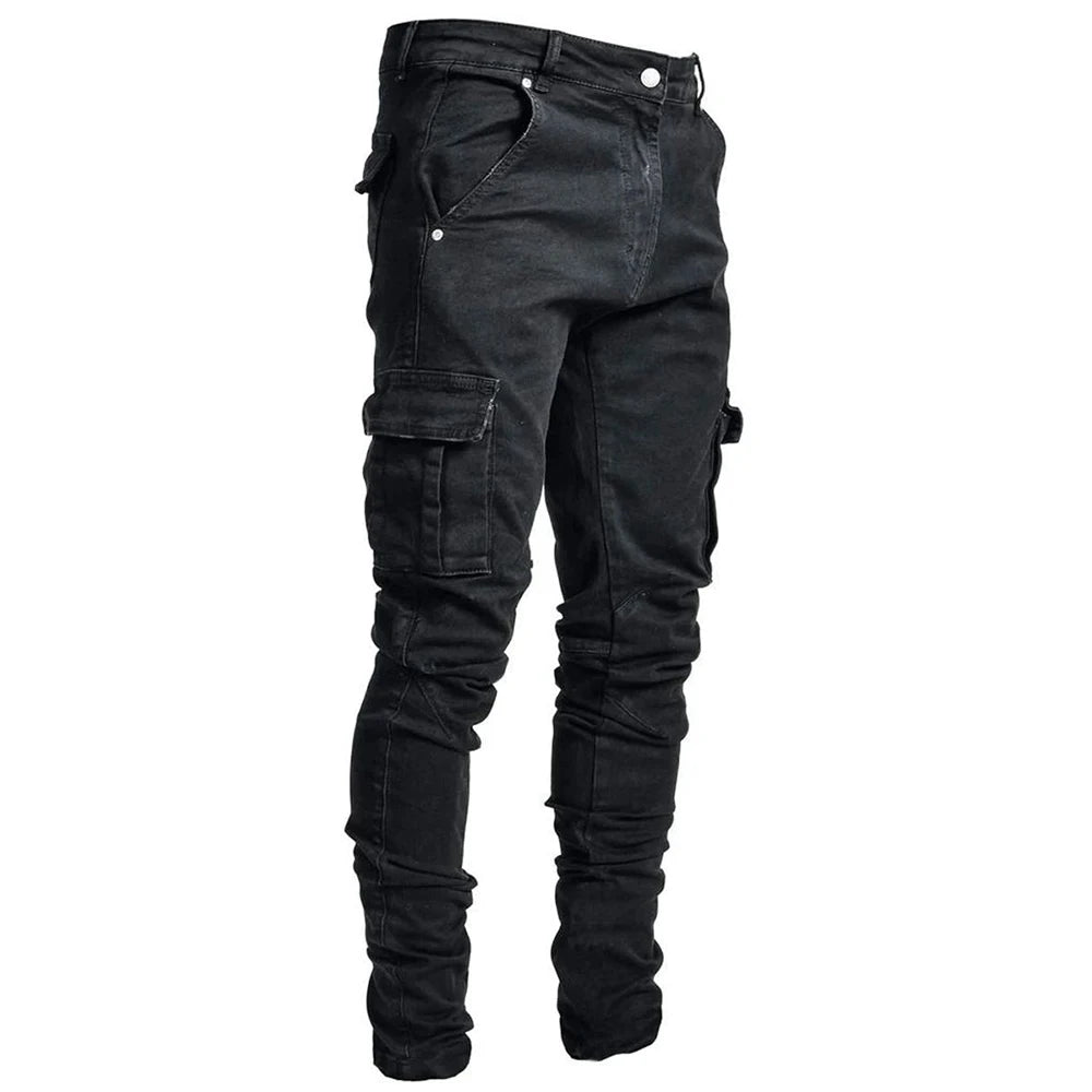 Urban Elastic Jeans Men Denim Cargo Pants Wash Solid Color Multi Pockets Casual Mid Waist Trousers Slim Fit Joggers