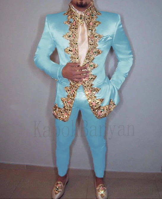 Men Suit 4K Two Piece (Jacket+Pants+Belt) Italian Stand Collar Slim Fit Wedding Suit for Men Custom Made /Embroidery Print Suit