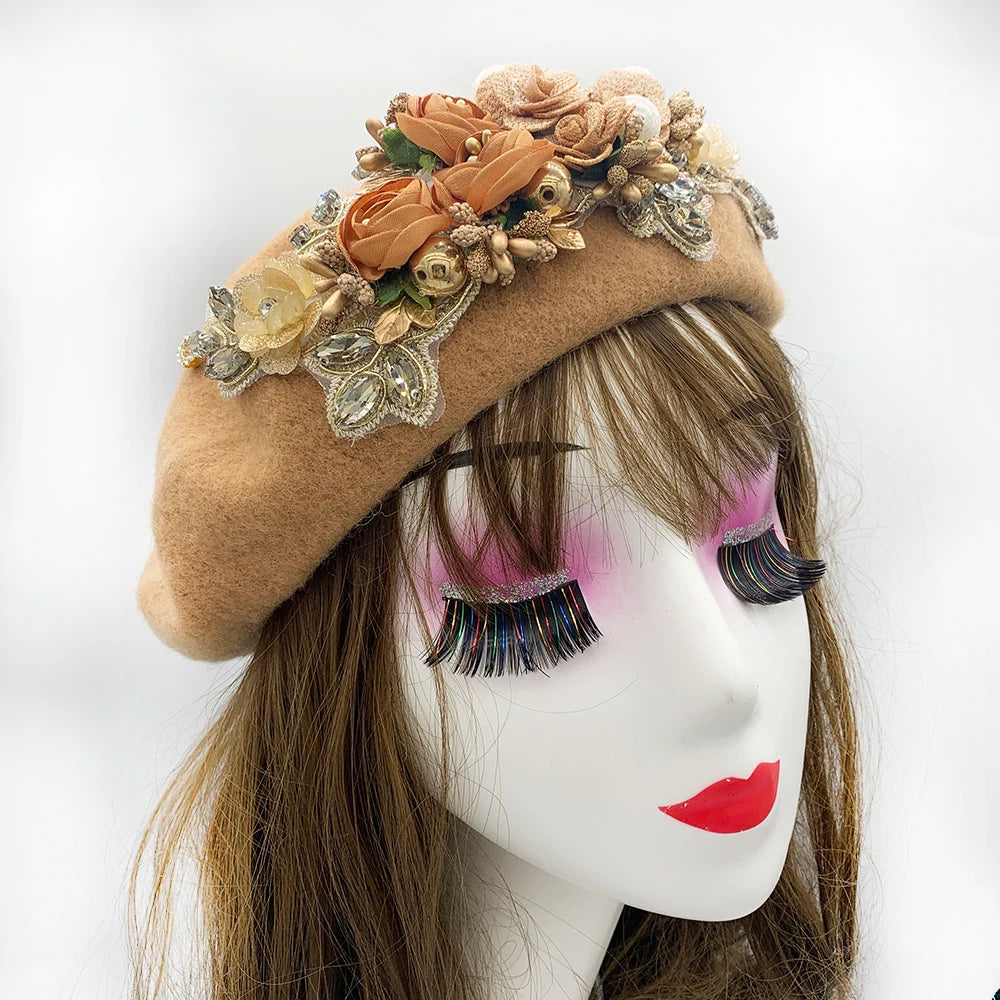 Cherub 2024 Winter Autumn Women's Beret Hat/Flower Diamonds Lady Cap French style considered Sunday's best