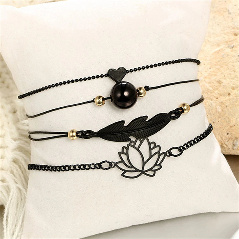 Cherub Fashion Black Multi-layer Heart Leaf Lotus Anklet Beaded Chain bracelet