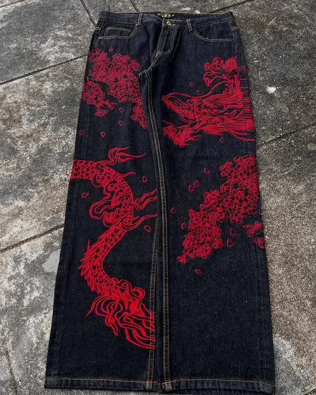 Harajuku Japanese Jeans Mens New Dragon High Quality Jeans  Vintage Hip Hop Urban Denim Fabric Wide Leg pants