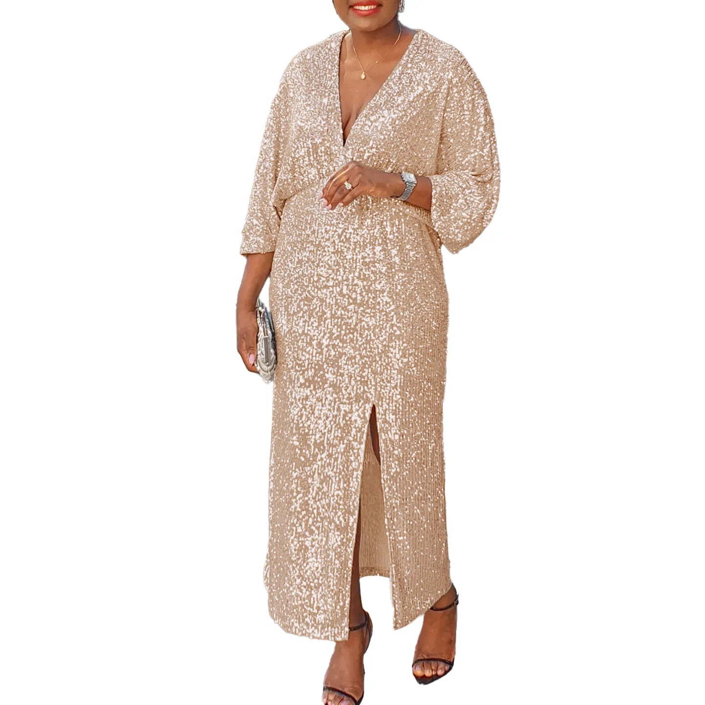 Sequin Dress Women Ankle Length Dresses High Waist Loose Party Night Club V Neck Lantern Sleeve Slight Strech Casual Vestidos