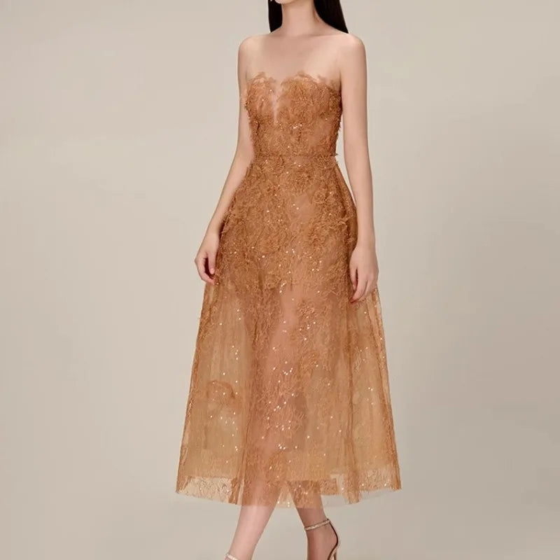 Khaki Lace Dress Women Runway Design 20234 Sleeveless Elegant Clothing Female High Waisted O-neck Evening Dresses