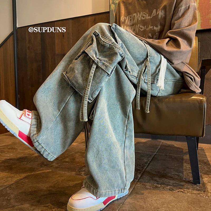 Men's Jeans Hip-hop Fashion Wide-leg Denim Pants Retro Baggy Trousers High Urban Multi-pocket Jeans Male Streetwear