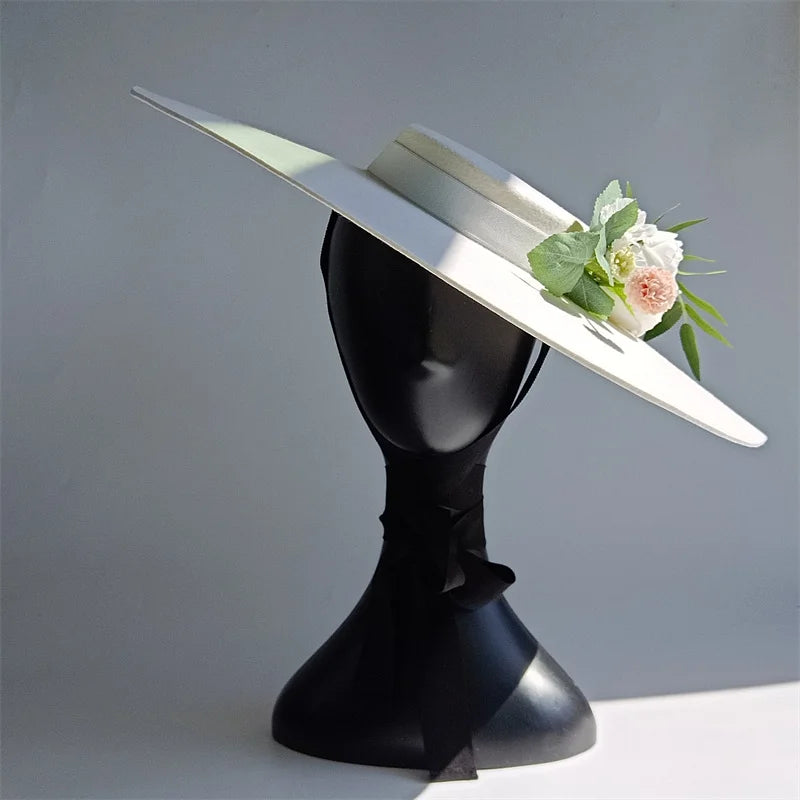 Cherub Sunday Best Easter Sunday satisfaction/Bridal Hat White Simulation Flower Wool Hat Removable Flat Top Female Spring/Winter Strap Included