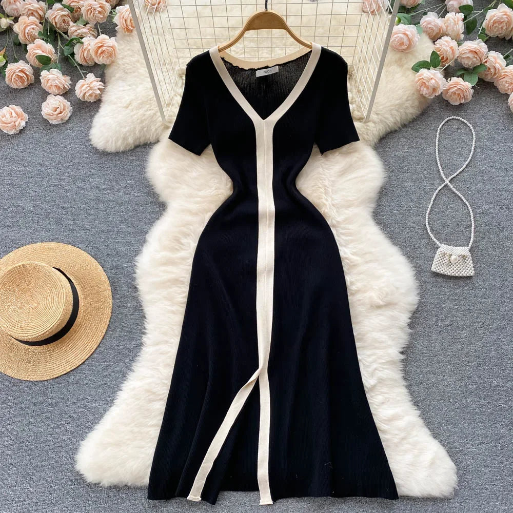 Cherub French Vintage Elegant Short Sleeve Stretch Knitted Dress