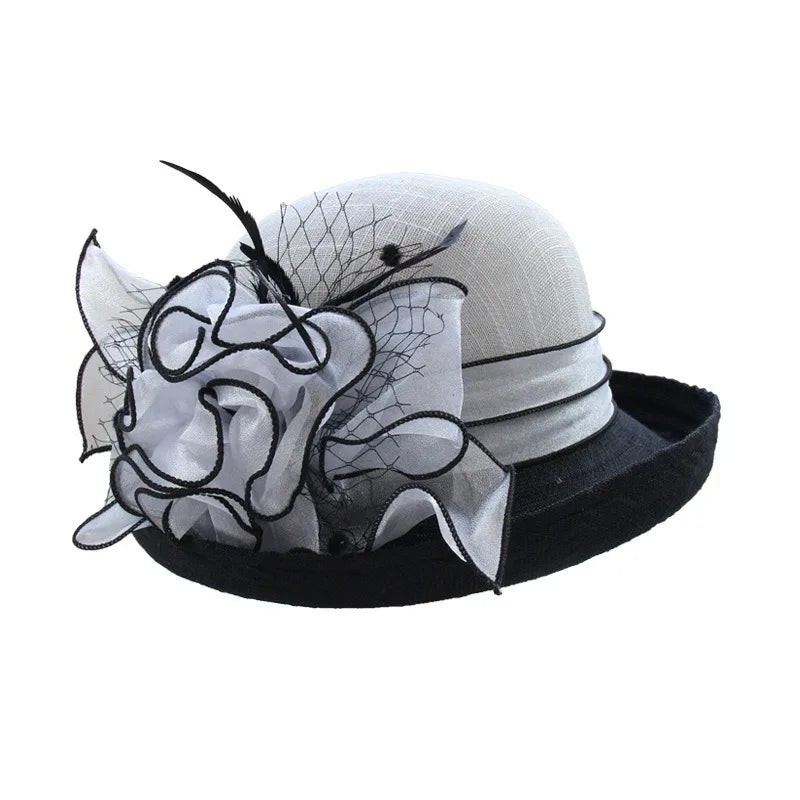 Cherub Lady Deby Fedora Hat Summer Church Elegant Sinamay Flower Linen Sun Hat Curl Brim