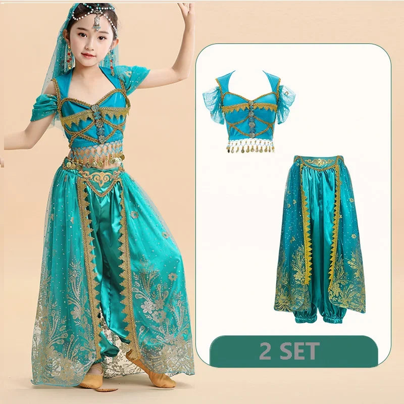 Kids India Princess Belly Dance Set Children  Oriental Indian Dance Sari Girl Performance Costume Bollywood Stage Outfit