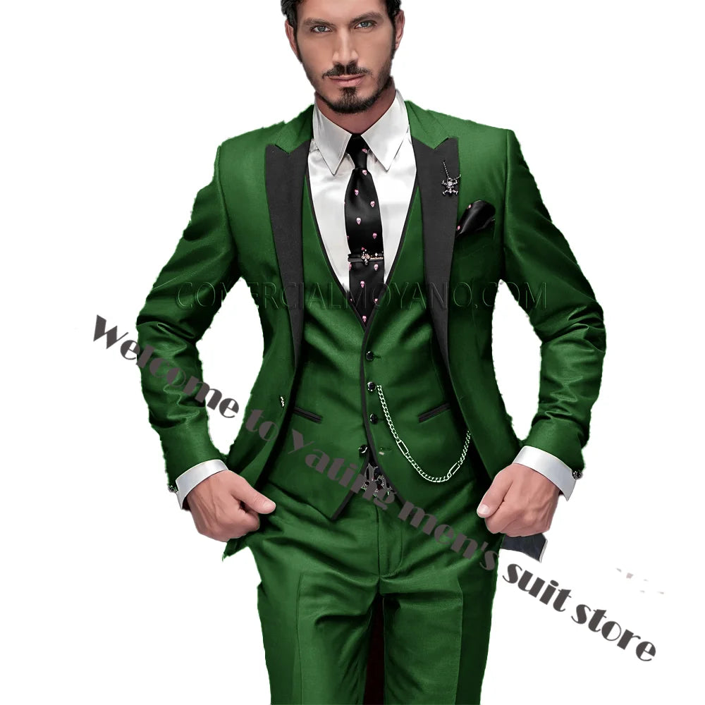 2024 New Men's Suit Wedding Tuxedo Groom Jacket Pants Vest Three-piece Set Elegant Men Blazer Wine Red Formal Outfit