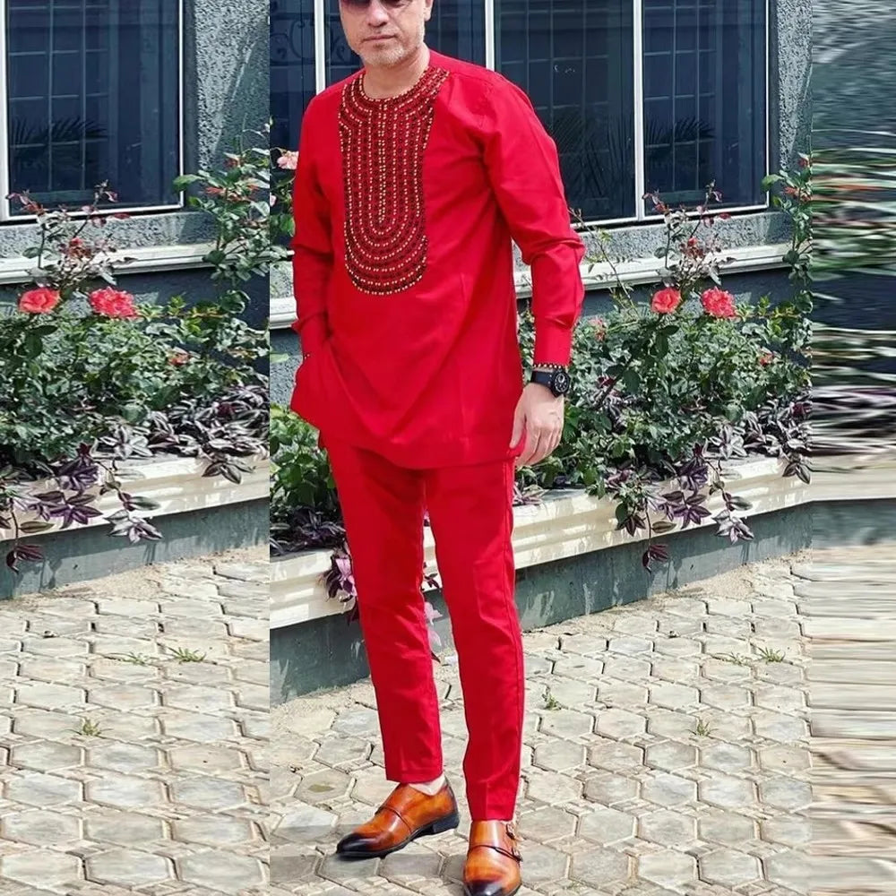 African Traditional Men Suit Printed Shirt Top Elastic Waist Pants White Wedding 2 Piece Set Outfits Ethnic Style Costumes
