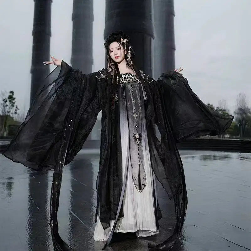 Tang Dynasty Black Mesh Hanfu Traditional Heavy Industry Embroidery Stage Show Costume Palace Style Princess Cosplay Suits