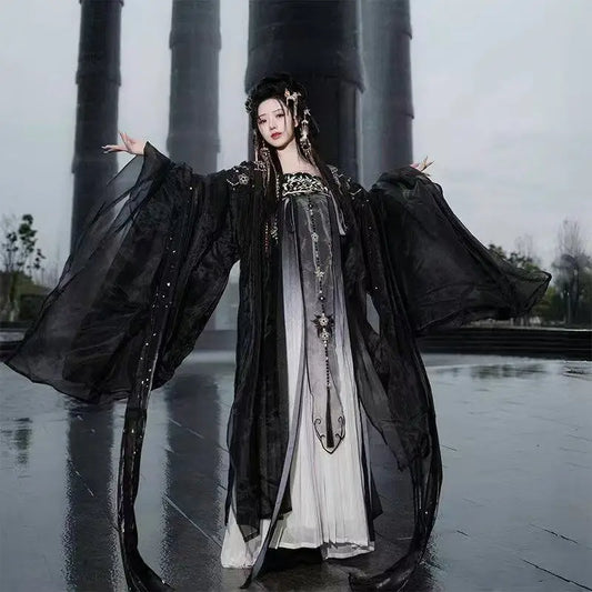 Tang Dynasty Black Mesh Hanfu Traditional Heavy Industry Embroidery Stage Show Costume Palace Style Princess Cosplay Suits