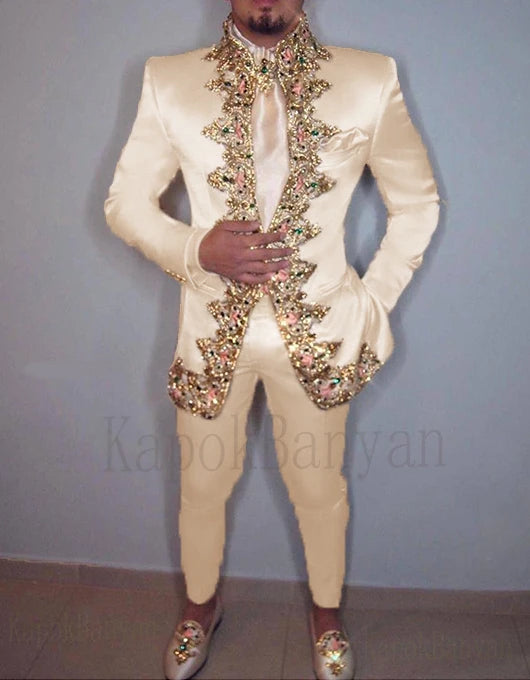 Men Suit 4K Two Piece (Jacket+Pants+Belt) Italian Stand Collar Slim Fit Wedding Suit for Men Custom Made /Embroidery Print Suit