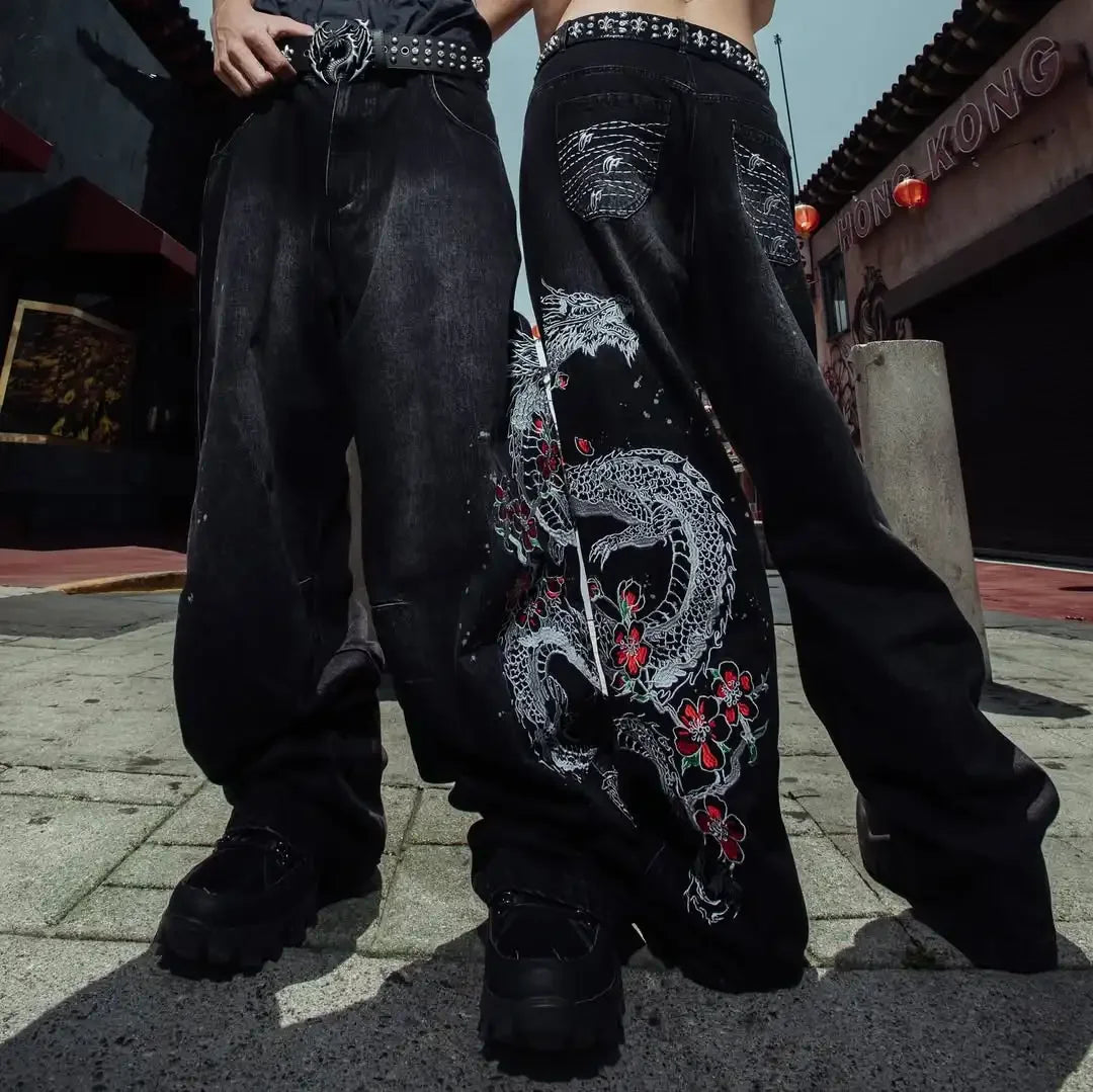 Harajuku Japanese Jeans Mens New Dragon High Quality Jeans  Vintage Hip Hop Urban Denim Fabric Wide Leg pants