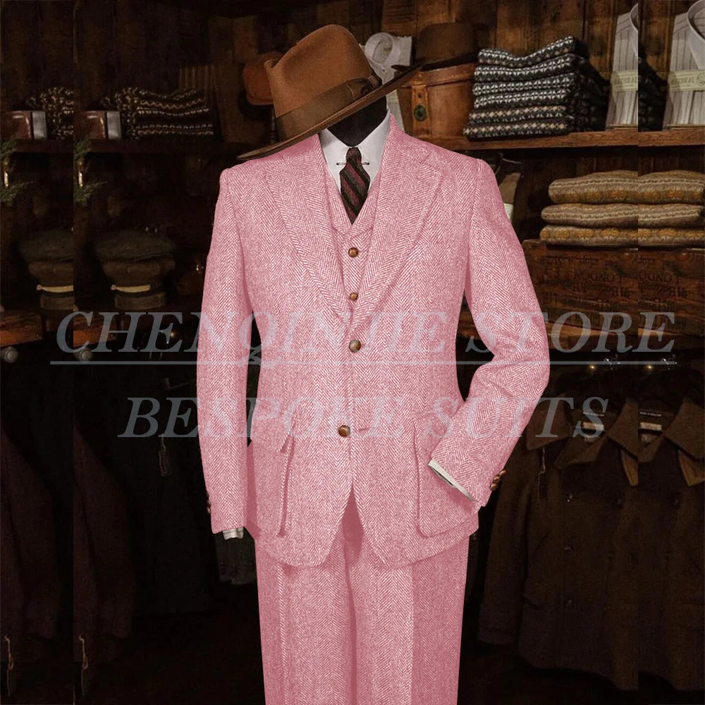 Elegant Tweed Men's Suits for Winter Single Breasted Notch Lapel Slim Fit Male Clothing High Quality 3 Piece Jacket Pants Vest