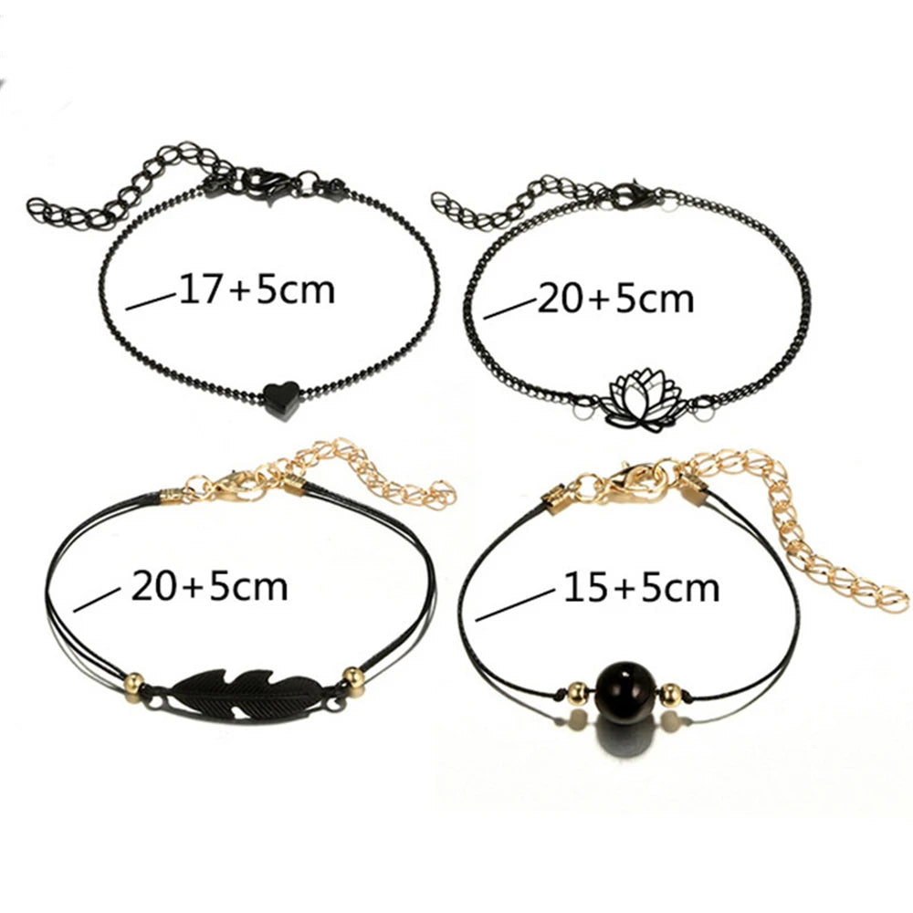 Cherub Fashion Black Multi-layer Heart Leaf Lotus Anklet Beaded Chain bracelet