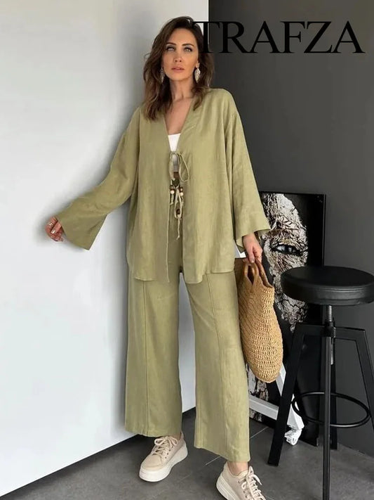 Cherub Women 2 Piece Set Fashion V-Neck Long Sleeved Lace-Up Cotton And Linen Kimono Jacket Elastic Waist Linen Pants.