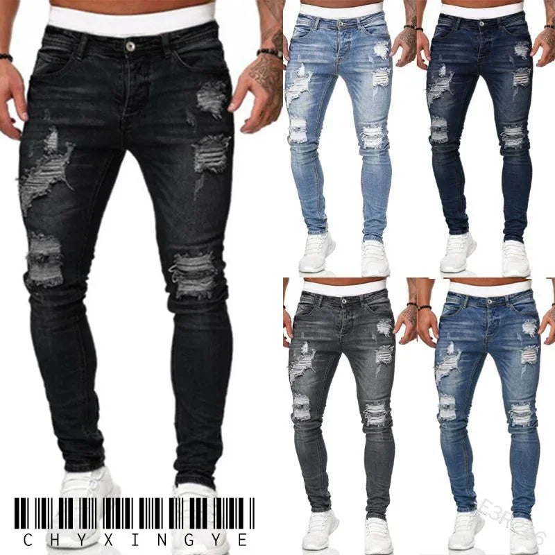 Ripped Jeans Men Stretch Skinny Grey Blue Black Hip Hop Denim Trousers Urban wear Casual Slim Fit Jeans for Men Jogging jean