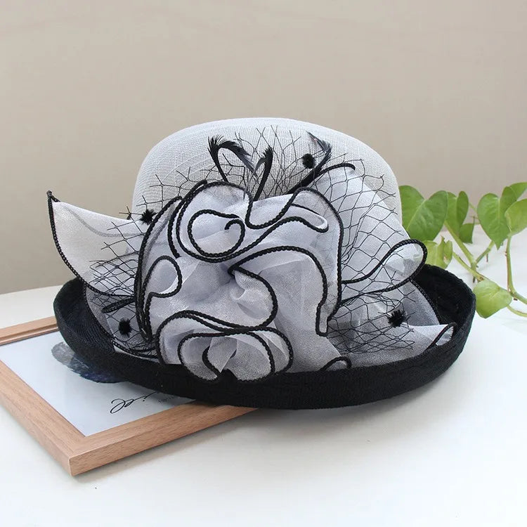 Cherub Lady Deby Fedora Hat Summer Church Elegant Sinamay Flower Linen Sun Hat Curl Brim