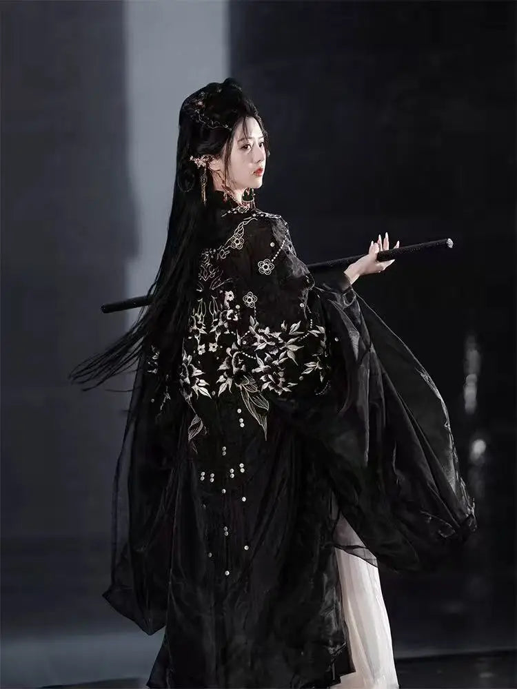 Tang Dynasty Black Mesh Hanfu Traditional Heavy Industry Embroidery Stage Show Costume Palace Style Princess Cosplay Suits