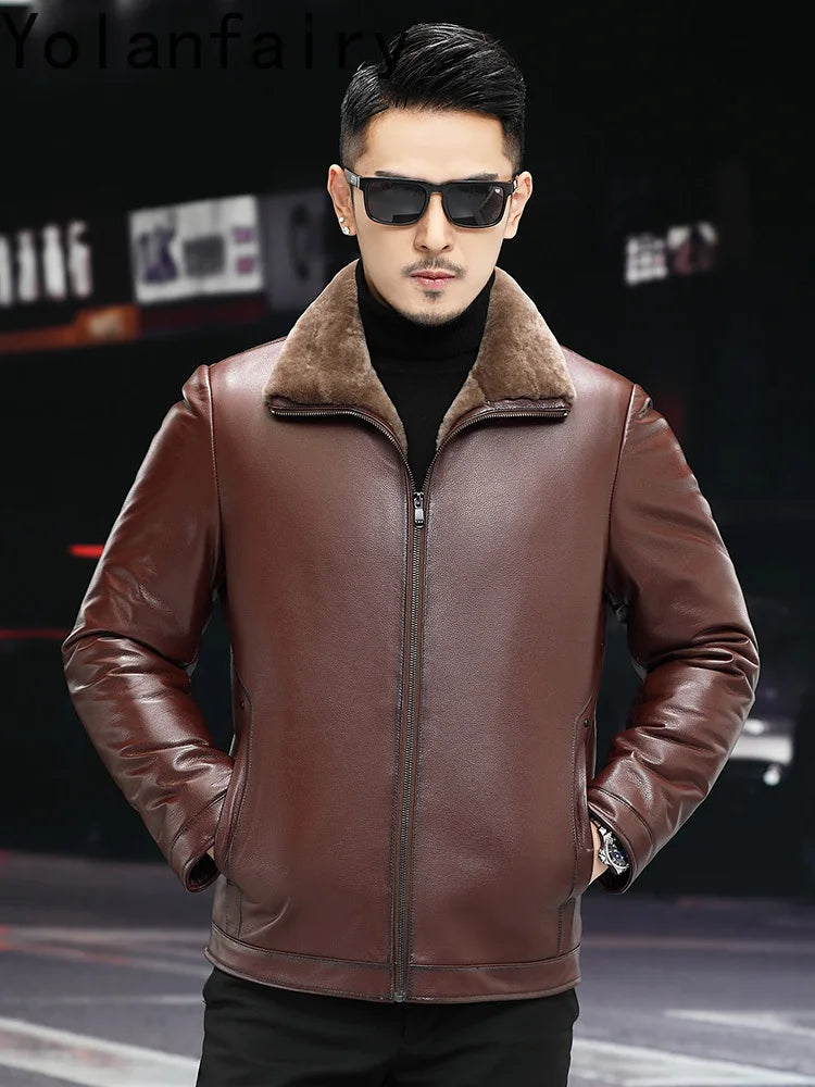 YOLAN FAIRY High Quality Real Goatskin Leather Jackets Man Winter Wool Lining Fur Coat Short Lapel Genuine Leather Jacket Men