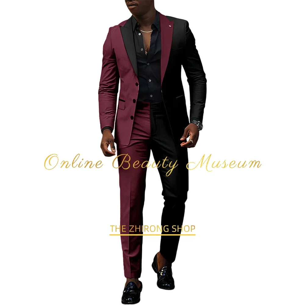 Fashion men's suit 2-piece set (jacket+pants) red-black peak lapel blazer wedding cocktail birthday party custom homme tuxedo