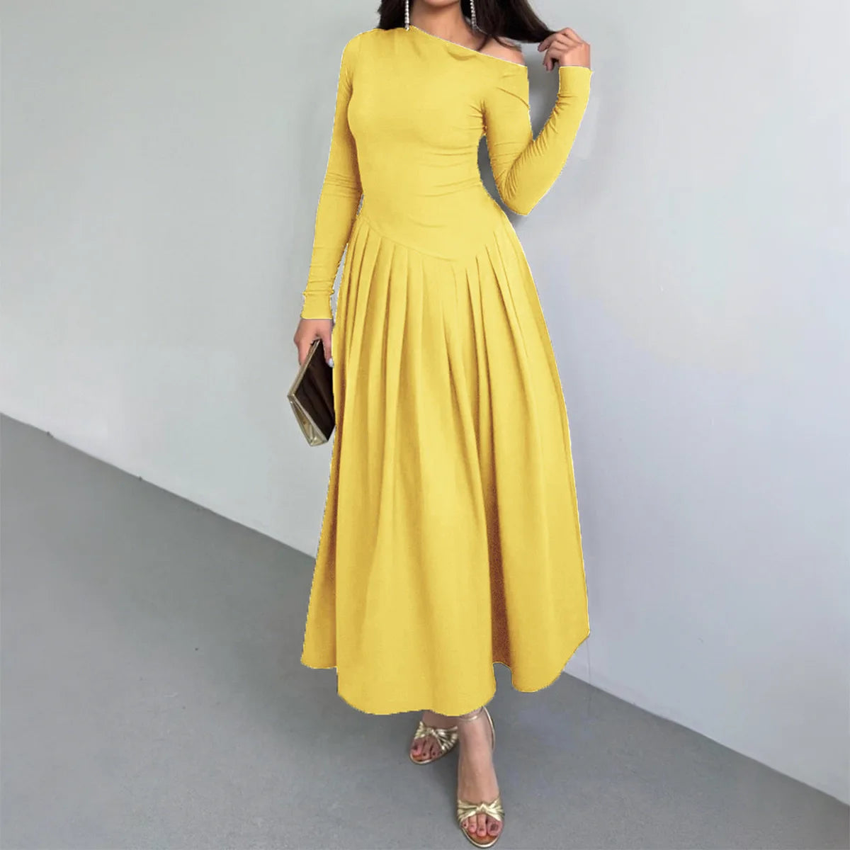 Elegant High Waist Long Sleeve Long Skirt Dress Women's Autumn and Winter 2025