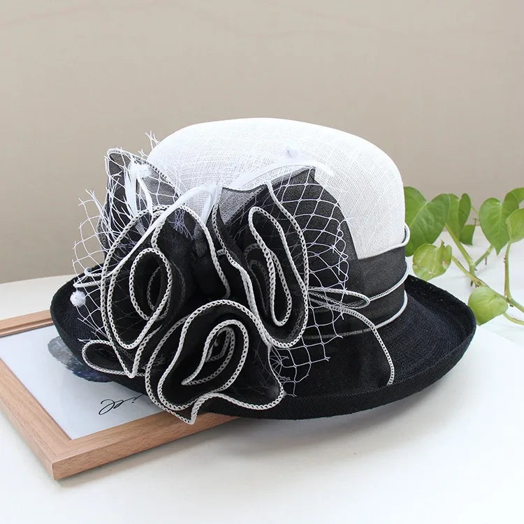 Cherub Lady Deby Fedora Hat Summer Church Elegant Sinamay Flower Linen Sun Hat Curl Brim