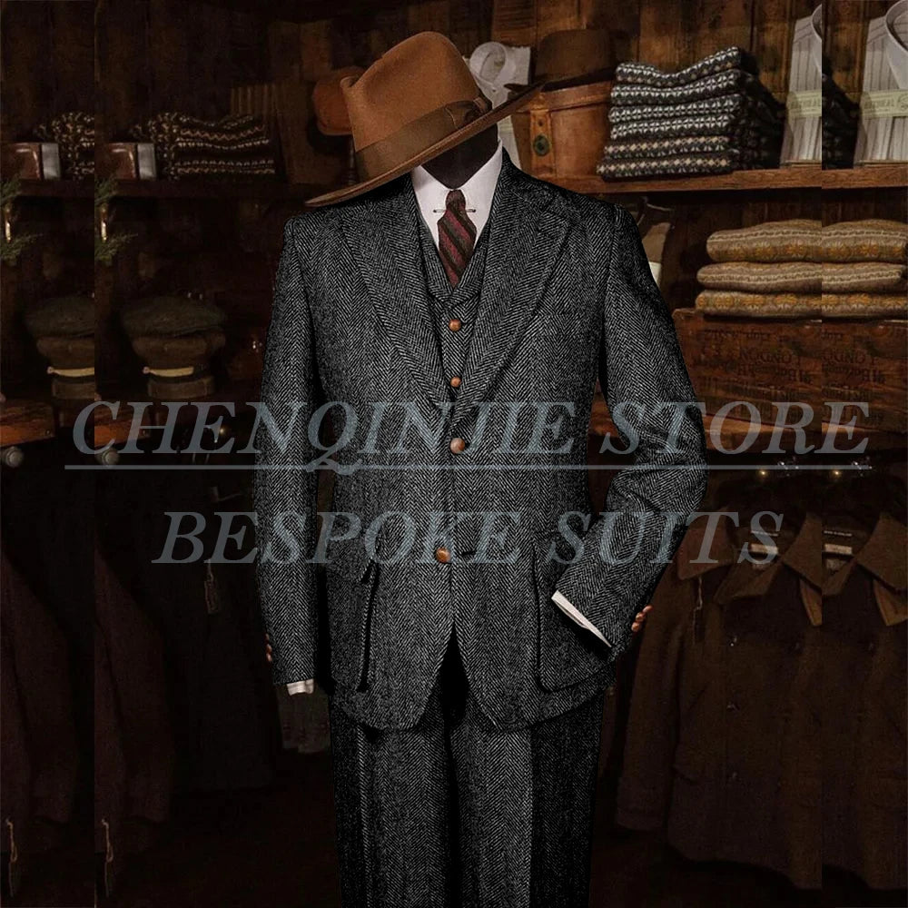 Elegant Tweed Men's Suits for Winter Single Breasted Notch Lapel Slim Fit Male Clothing High Quality 3 Piece Jacket Pants Vest