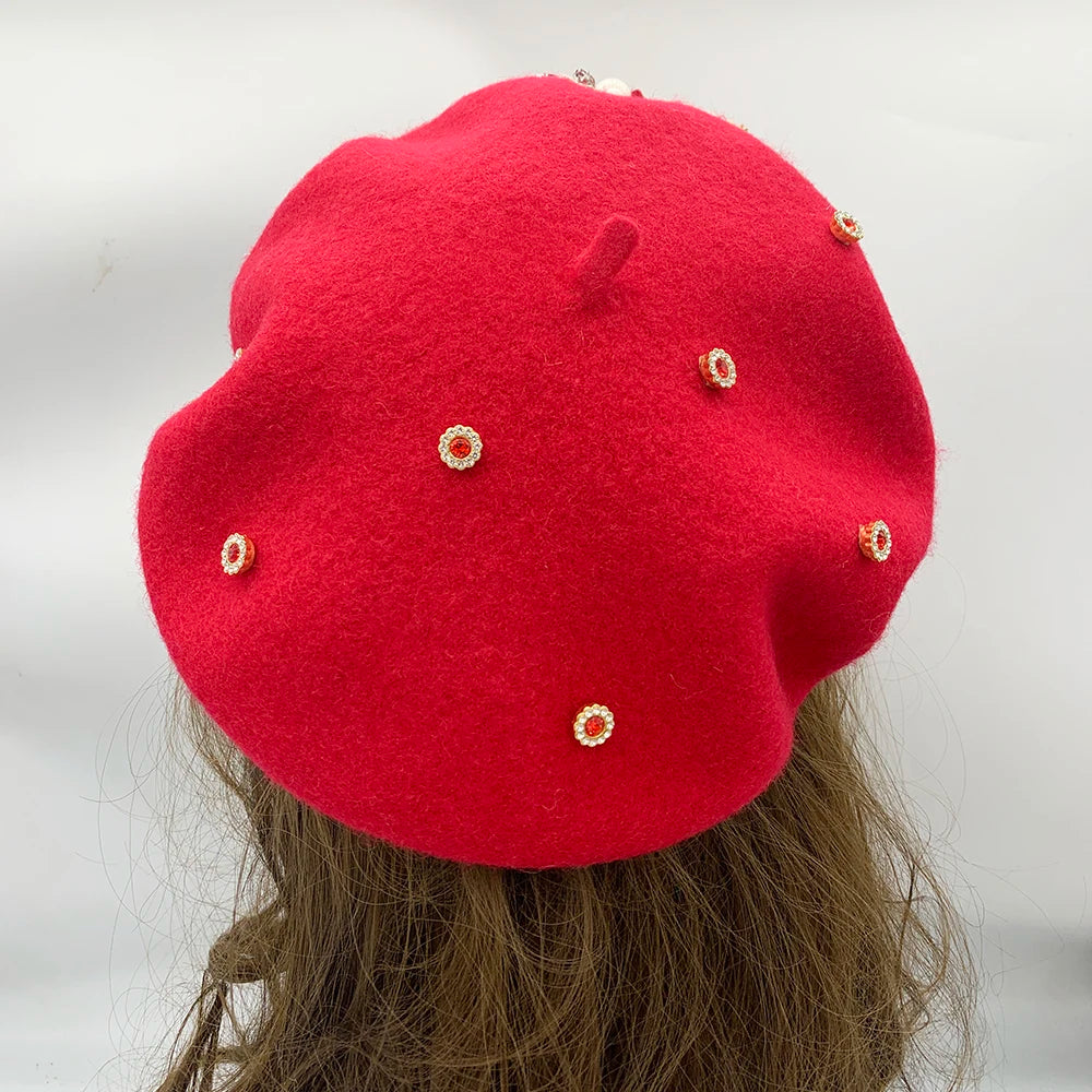 Cherub 2024 Winter Autumn Women's Beret Hat/Flower Diamonds Lady Cap French style considered Sunday's best