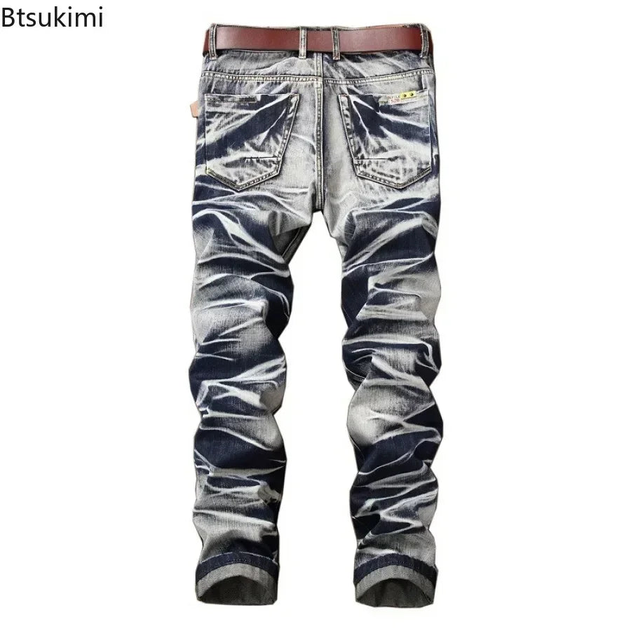 2026 Men's Fashion Vintage Jeans Slim Straight Leg Tie Dye Pleated Biker Denim Pants Male Casual Pants Oversized 42 High Quality