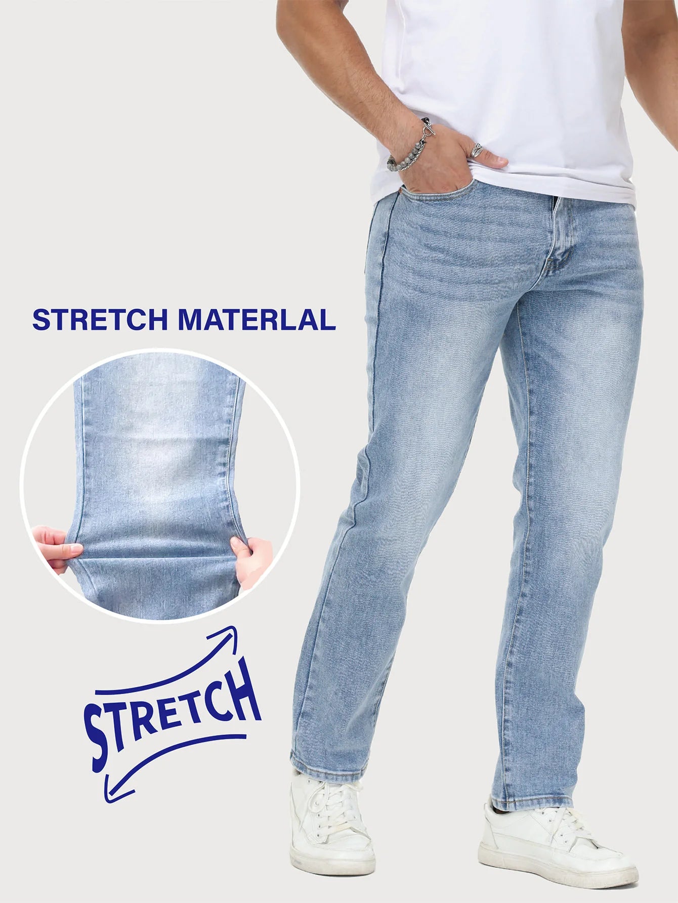 Men's Slim Fit Stretch Denim Jeans - Vintage Light Blue Wash Comfortable & Breathable Casual Pants for Everyday Wear