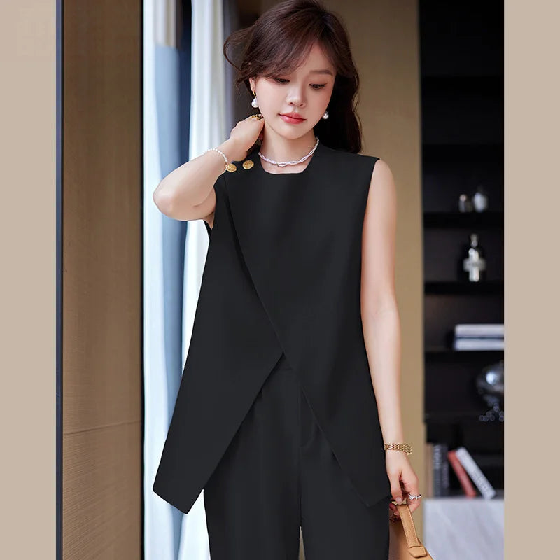 Cherub Summer Loose O-Neck Top Wide Leg Pants Two Piece New Elegant Pullover Pants .Cotton Linen Suit