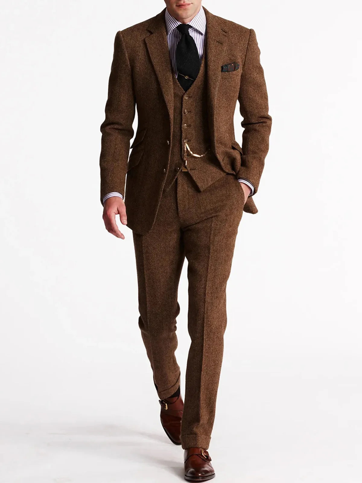 ANNIEBRITNEY Herringbone Tweed Suits for Men Slim Fit Tuxedo Man Suit Set Trajes De Hombre Anzug Herren Custom Made Men Suits