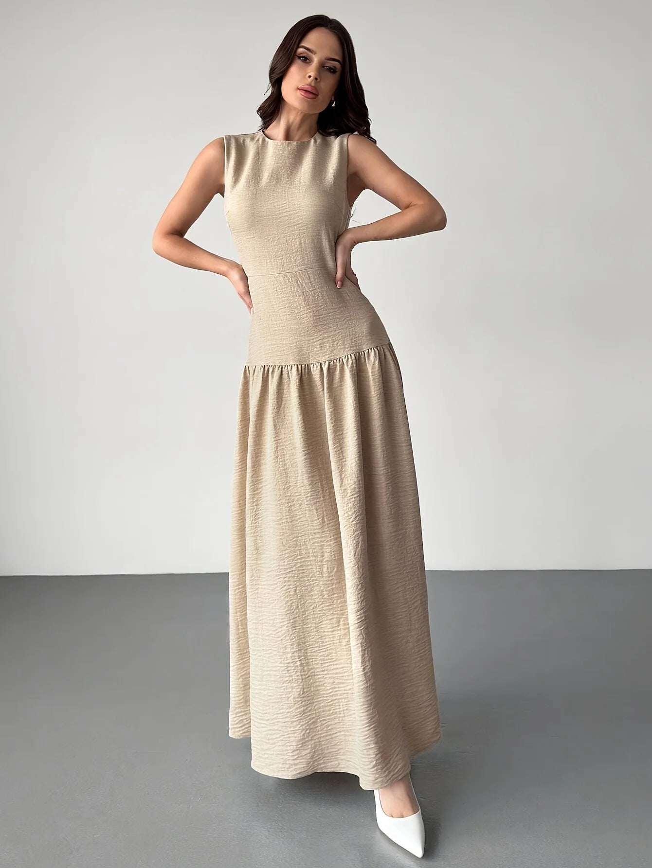 2025Ladies' elegant linen A-line cinched-waist long dress