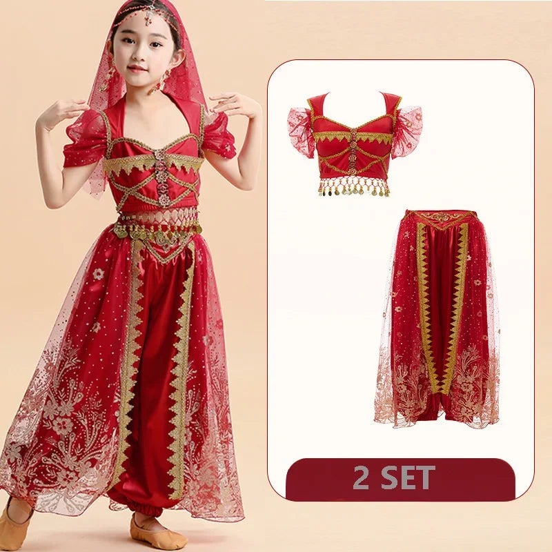Kids India Princess Belly Dance Set Children  Oriental Indian Dance Sari Girl Performance Costume Bollywood Stage Outfit