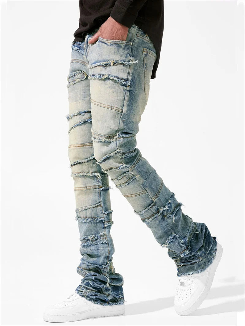 Vintage Men's Straight Jeans Male Youth Four Seasons Casual Patchwork Denim Pants 2025 Fashion High Waist Trousers Streetwear