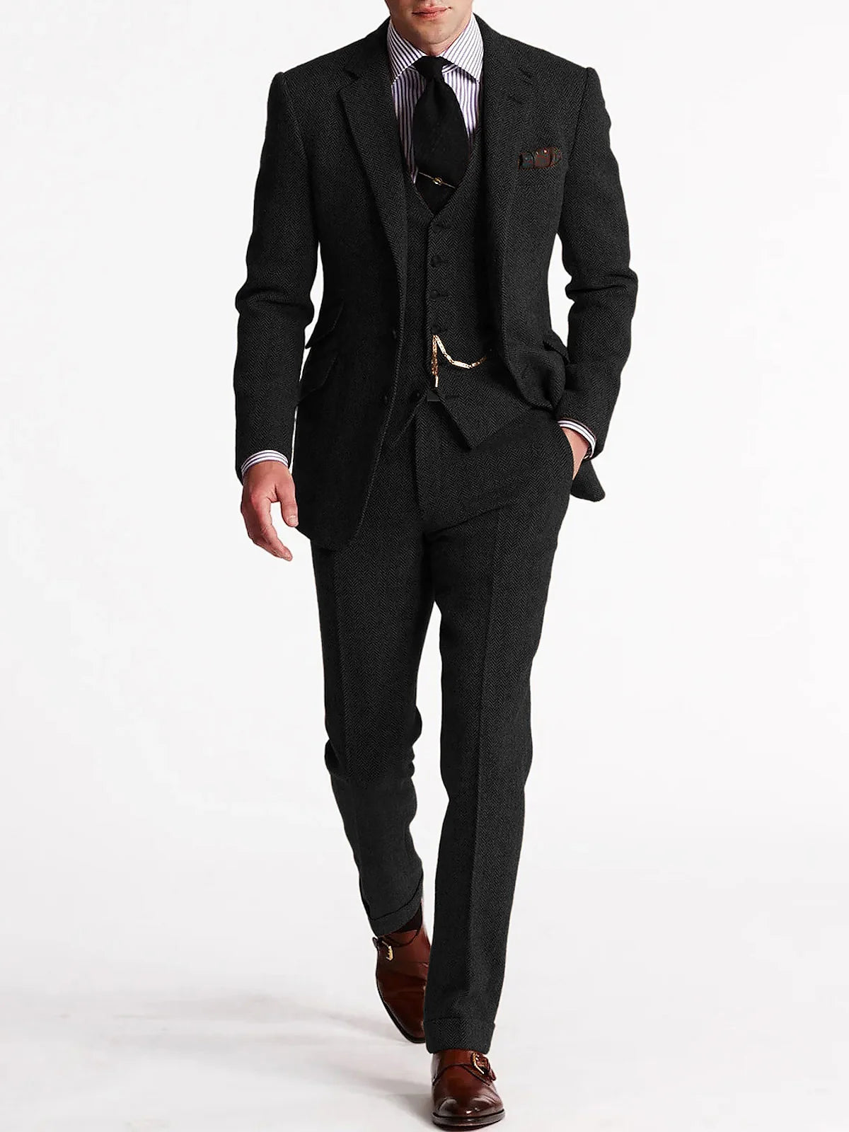  Herringbone Tweed Suits for Men 3 Piece Set Double-Breasted Slim Fit Tuxedo Size Man Suit Set Custom Made Men Fashion Suits