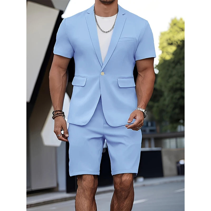 Cherub men Suit Summer Casual Suit 2 Piece Short Sleeve Suit Blazer 5 Inch Dress Shorts for Outdoor Beach Weddings Casual Occasions