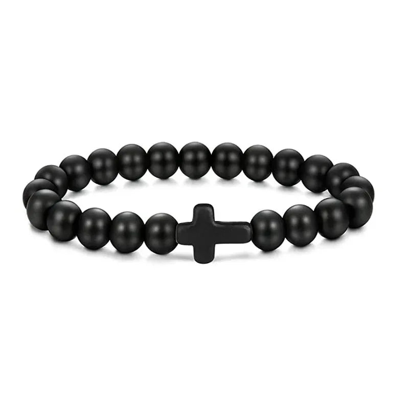 Prayer Men & Women Natural Stone Wood Beads Rosary Hematite Cross Onyx Meditation Bracelets. Spiritual Jewelry.